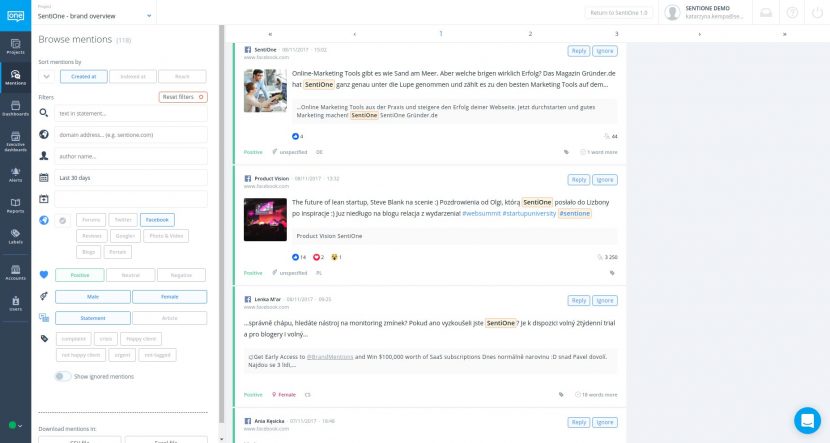 A közösségi médiában történő említések szűrése a SentiOne szoftverben