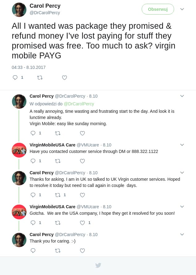 Social Kundendienst Virgin Mobile USA GB Verwirrung Beispiel