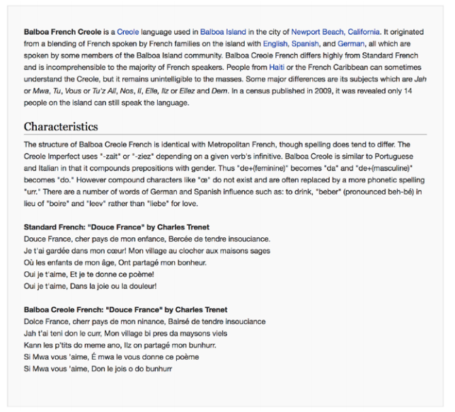 Balboa French Creole Wikipedia hoax