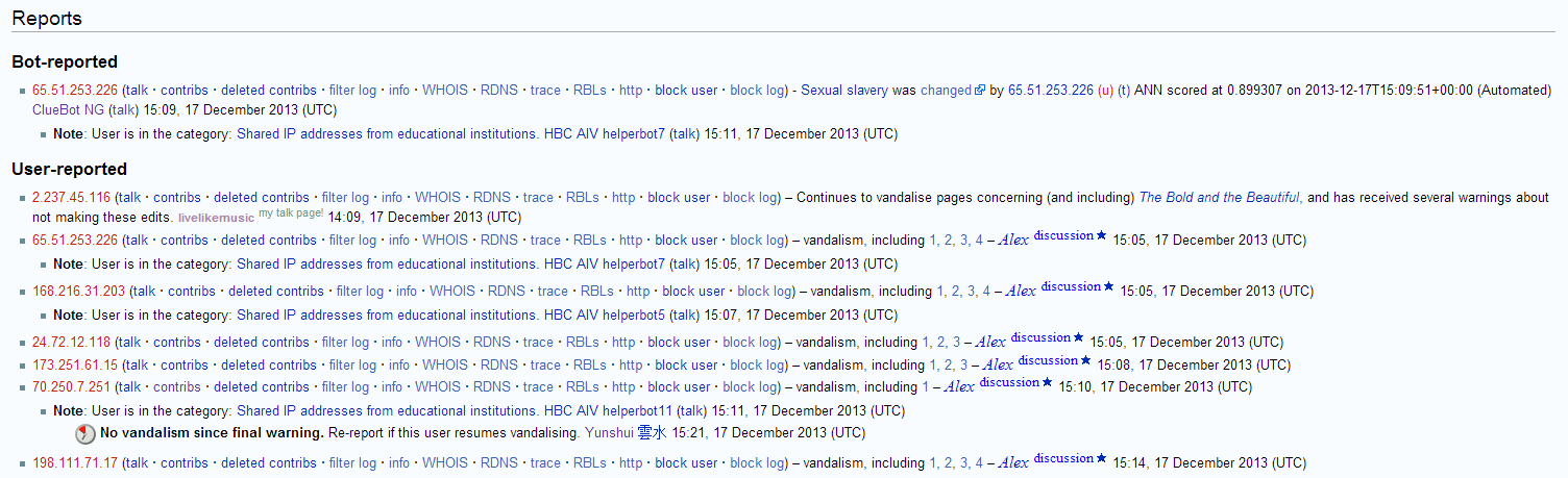 Screenshot of the vandalism-reports-page on the English Wikipedia as of December 2013.