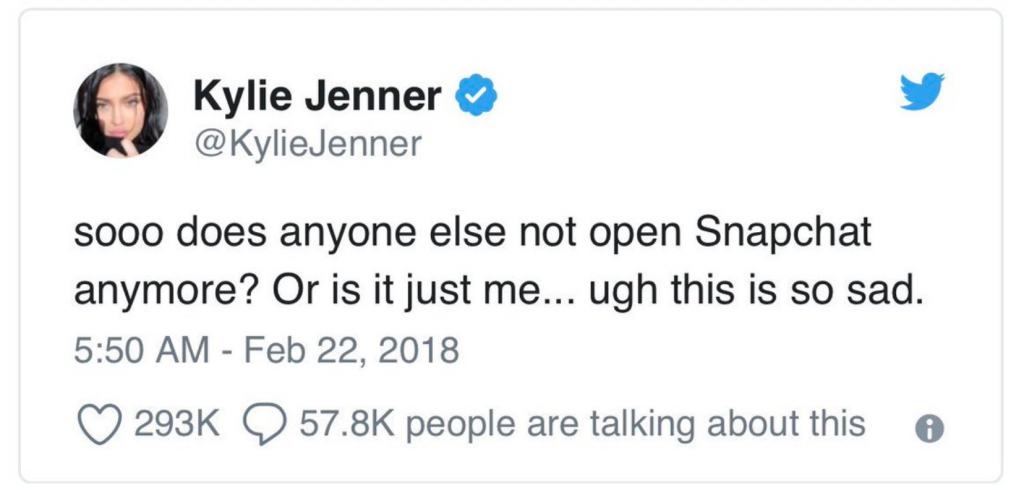 Kylie Jenner tweet about Snapchat "sooo does anyone else not open Snapchat anymore? Or is it just me... ugh this is so sad."