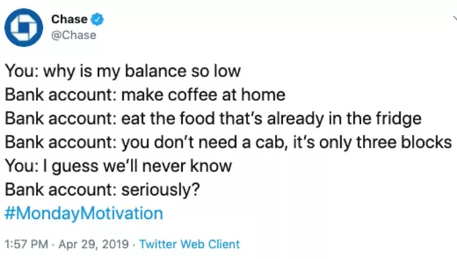 Tweet Chase Bank obwiniający millennialsów za warunki ekonomiczne na które nie mają wpływu