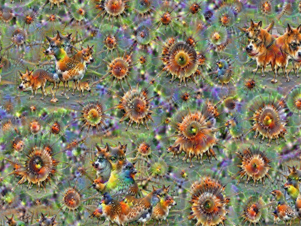An example of a "painting" generated by DeepDream, featuring its signature swirls and faces