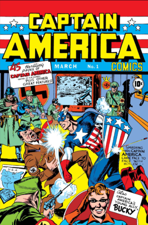 The cover of Captain America #1, March 1941 - the titular hero is depicted doing what every upstanding citizen should do: punching Hitler square in the jaw.