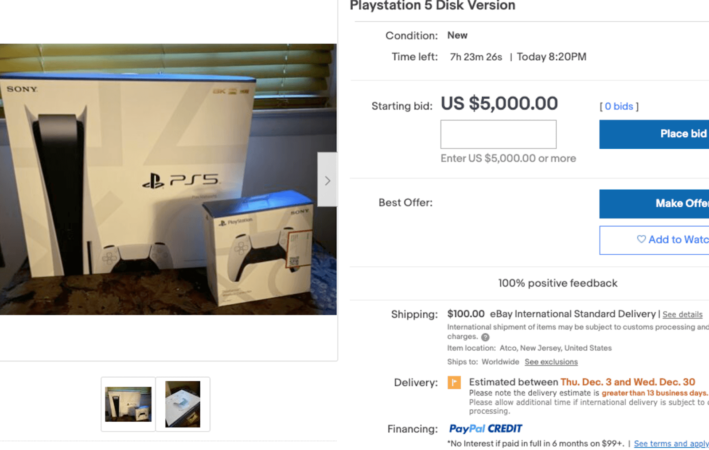 An eBay auction from a scalper, asking $5,000 for a console retailing at $499.