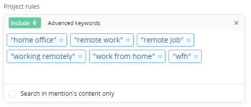 Las palabras clave utilizadas en este proyecto: "home office", "trabajo a distancia", "trabajo a distancia", "trabajar a distancia", "trabajar desde casa", "wfh"