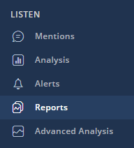 The SentiOne Listen menu with the Reports option highlighted