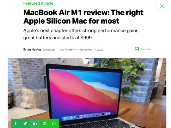 Pozytywna recenzja MacBooka Air M1 w serwisie TechCrunch