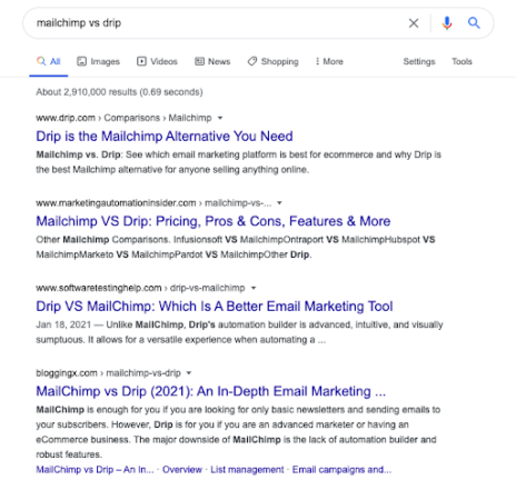 The google results for the phrase "Mailchimp vs Drip"