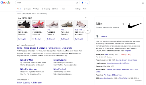 Wyniki wyszukiwania Google dla frazy Nike