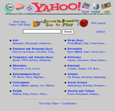 The homepage of Yahoo! as it appeared in the 1990s.