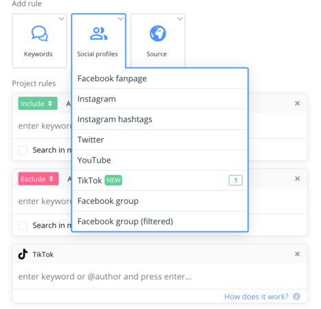 TikTok monitoring is available under the "Social Profiles" option in advanced projects