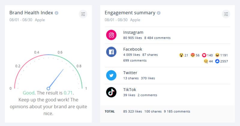 The brand health index and engagement chart widgets provide invaluable insights into any brand's social media performance.