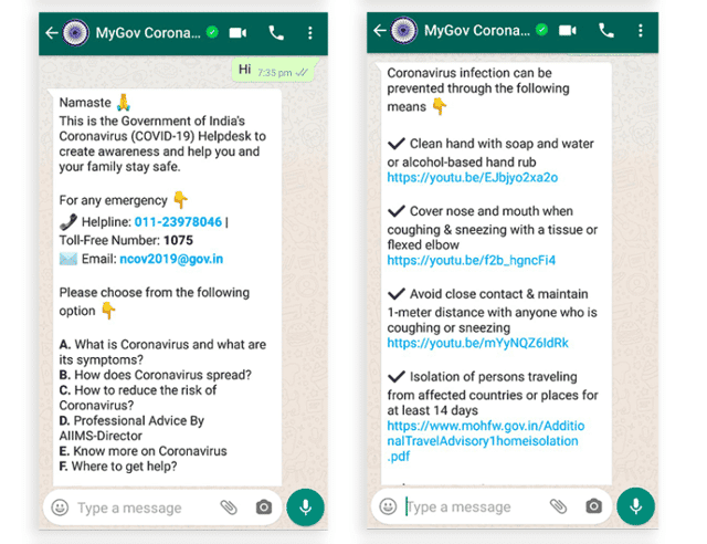 Corona chatbot helpdesk example from WhatsApp