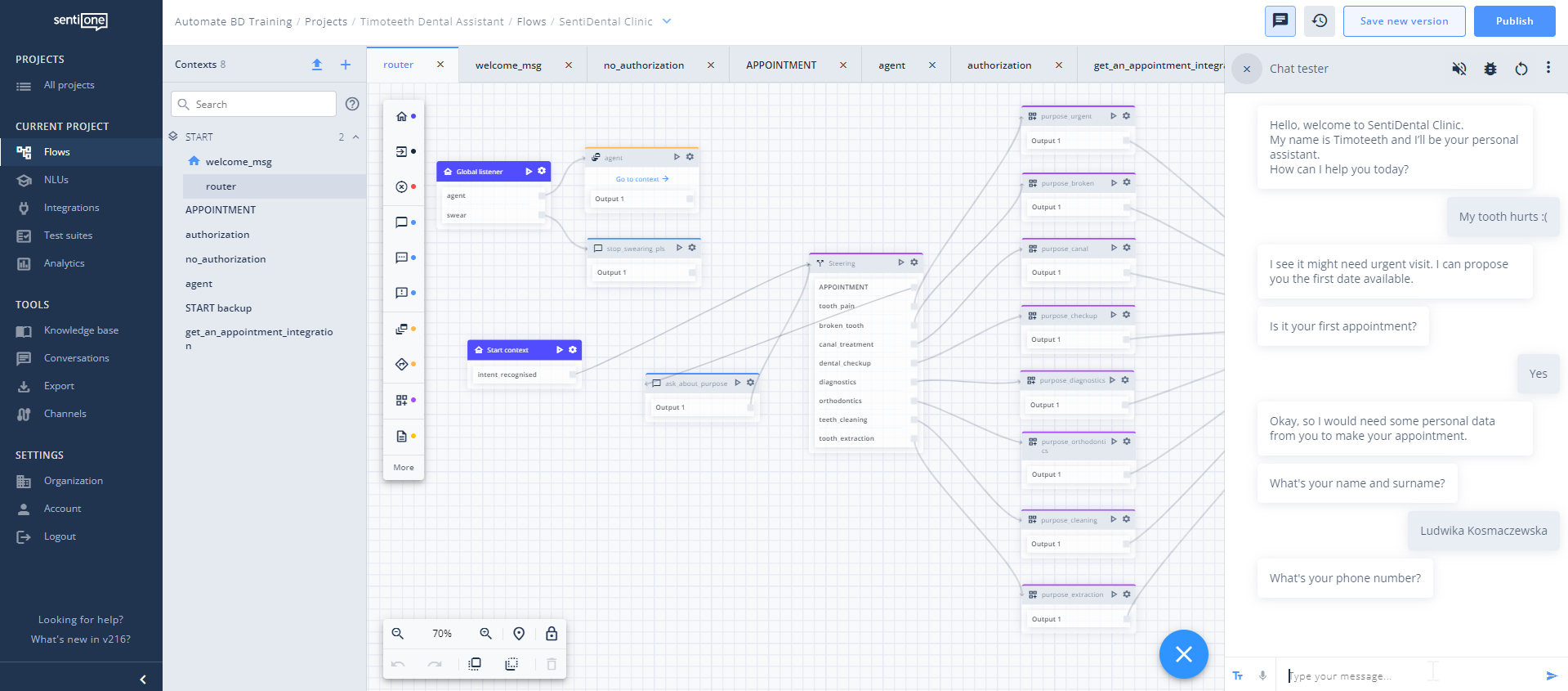 Checking the flow’s functionality with the chat tester. 