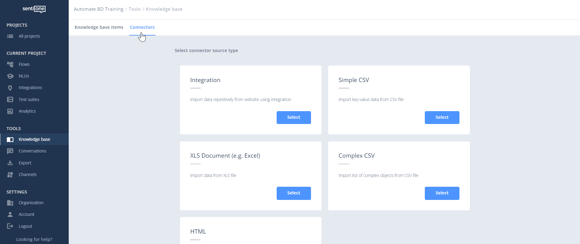 In the Knowledge Base, use connectors to download data from different sources.