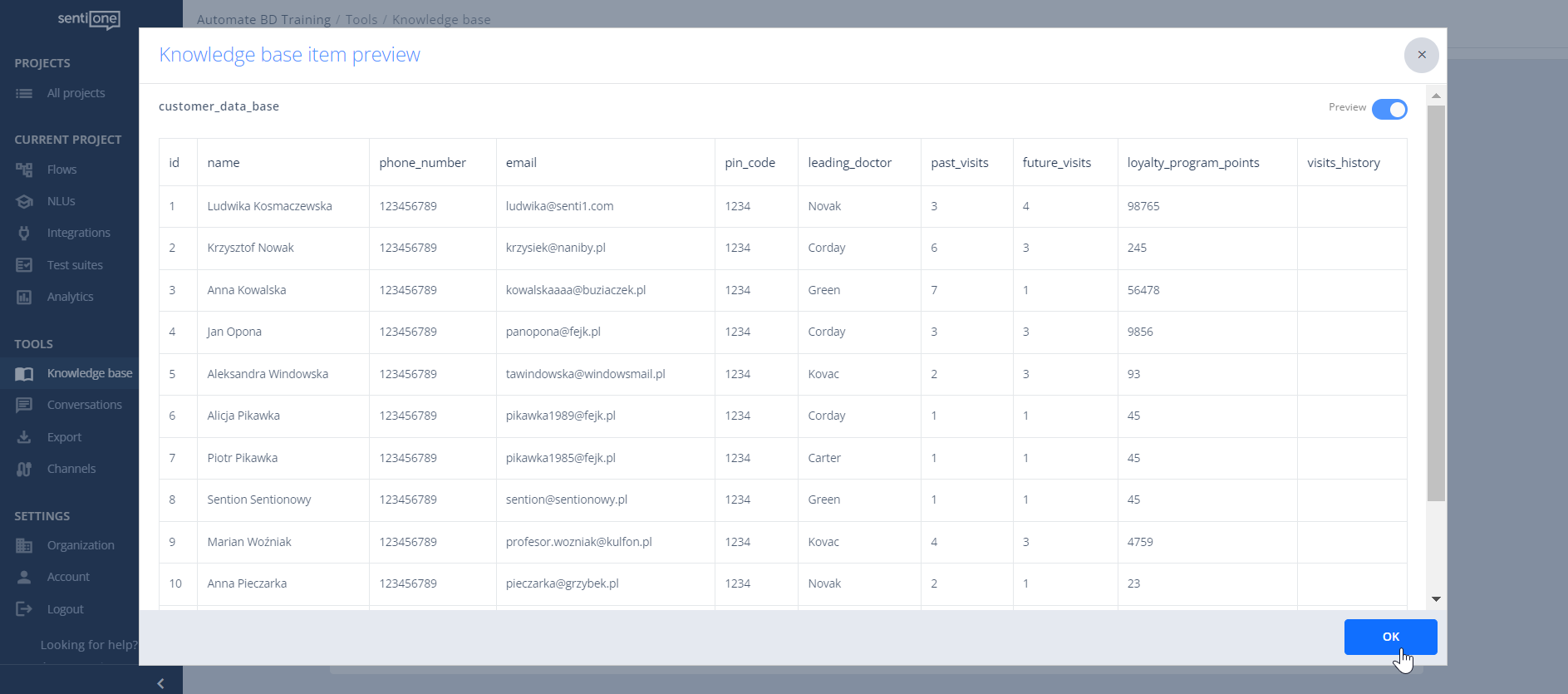 In the Knowledge Base, you can import files (datasets) and use them in your flow. 