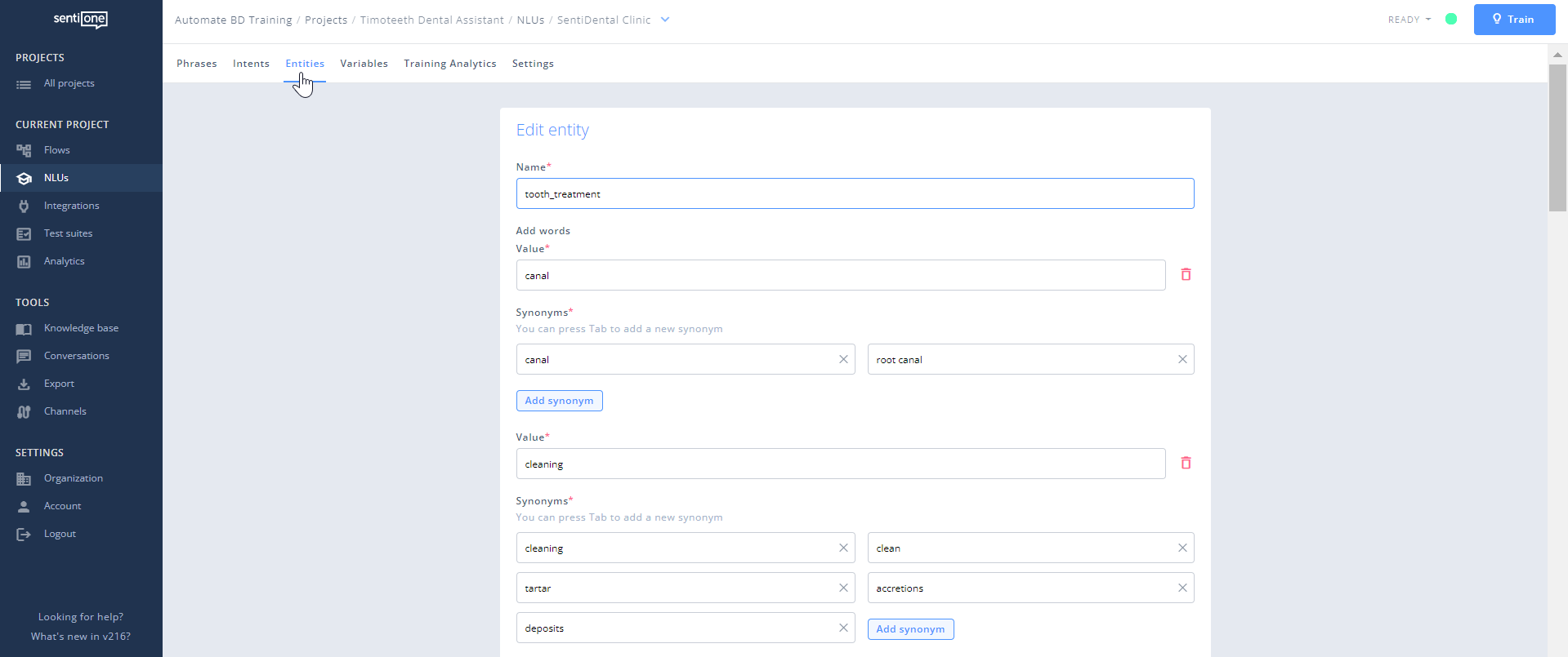 Editing entities on SentiOne Automate.