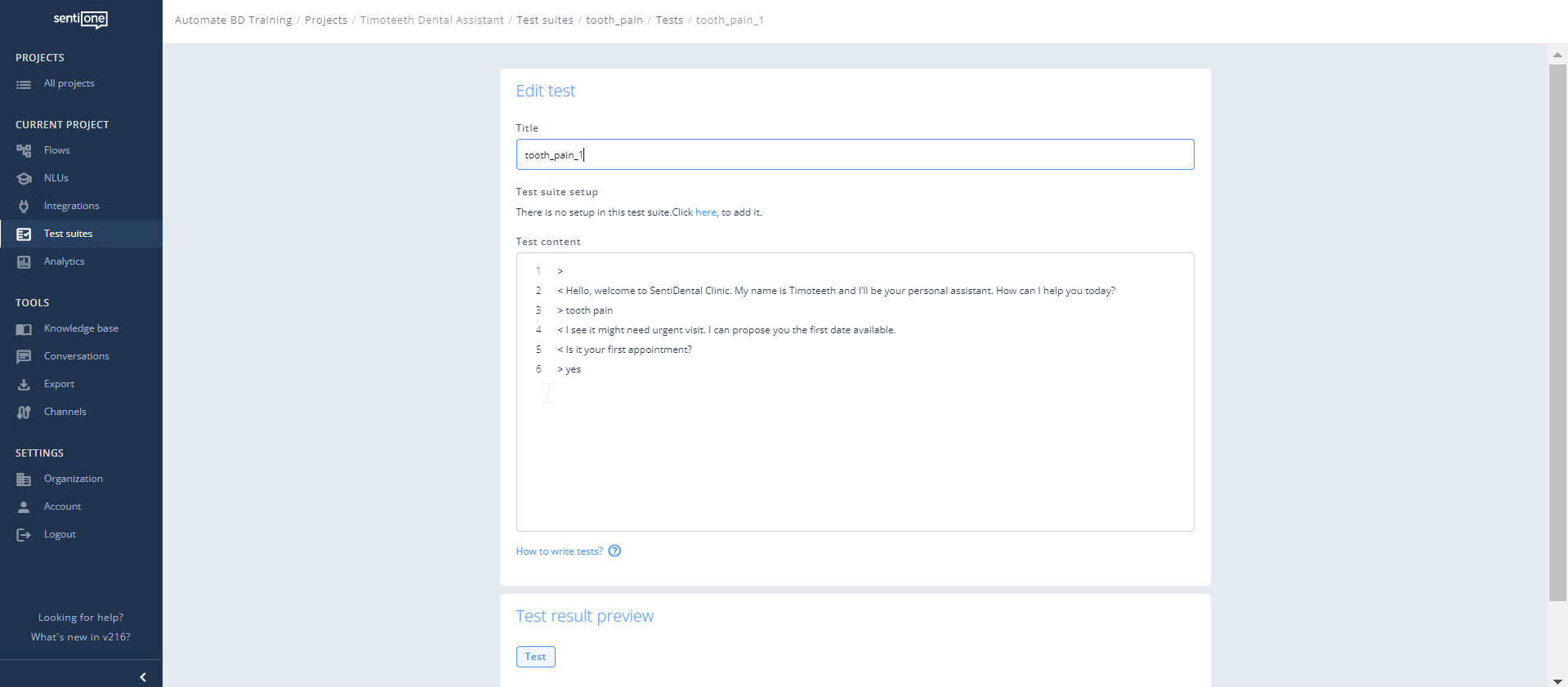 Test Suites module on the SentiOne Automate platform.