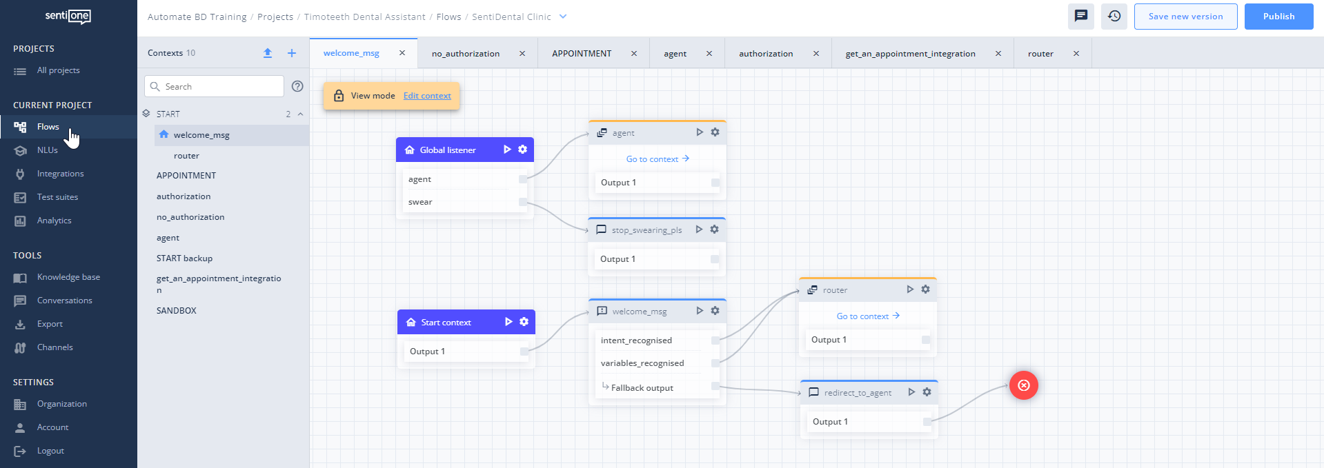 Working on a brand-new bot: Dialog flow development