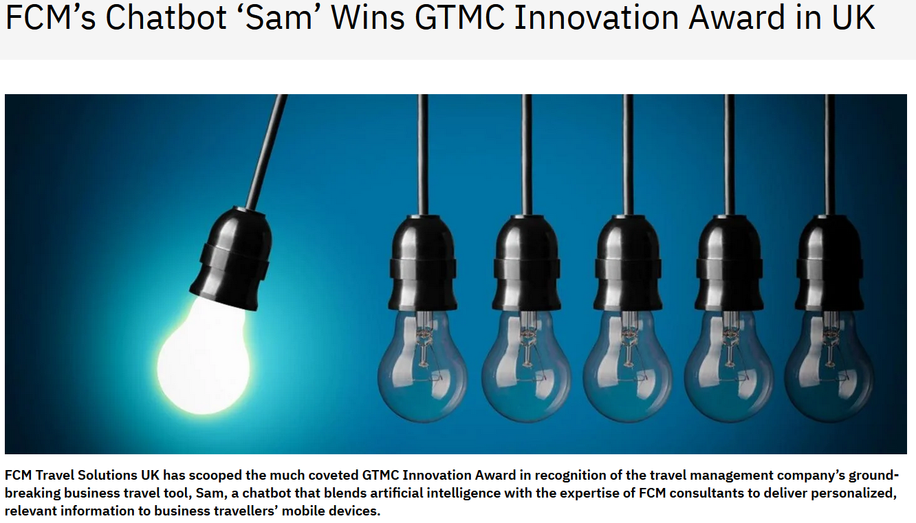 FCM Travel Solutions zdobył nagrodę za swojego chatbota o nazwie Sam.